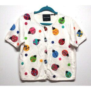 VTG Y2K 1999 Michael Simon Cardigan Sz S Ladybug Embroidered EMBELLISHED Boxy